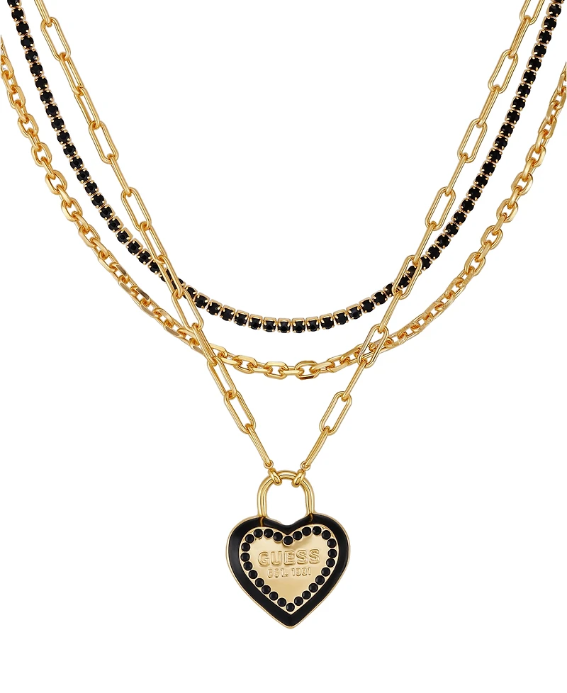 Guess Glass Stone Gold-Tone Triple Layered Crystal Heart Charm Necklace