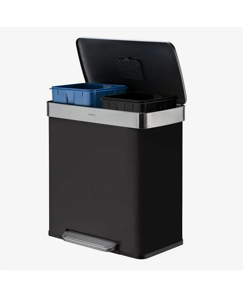 Qualiazero 60L / 16 Gal (30L/8 Split) Rectangular Recycle Step Can - Stainless Steel with Black Plastic Lid