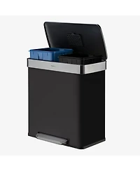 Qualiazero 60L / 16 Gal (30L/8 Split) Rectangular Recycle Step Can - Stainless Steel with Black Plastic Lid