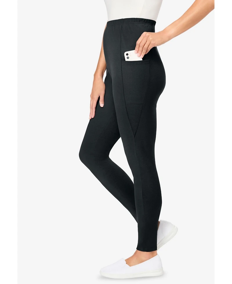 Woman Within Women's Stretch-Cotton Knit Pull-On Pocket Leggings