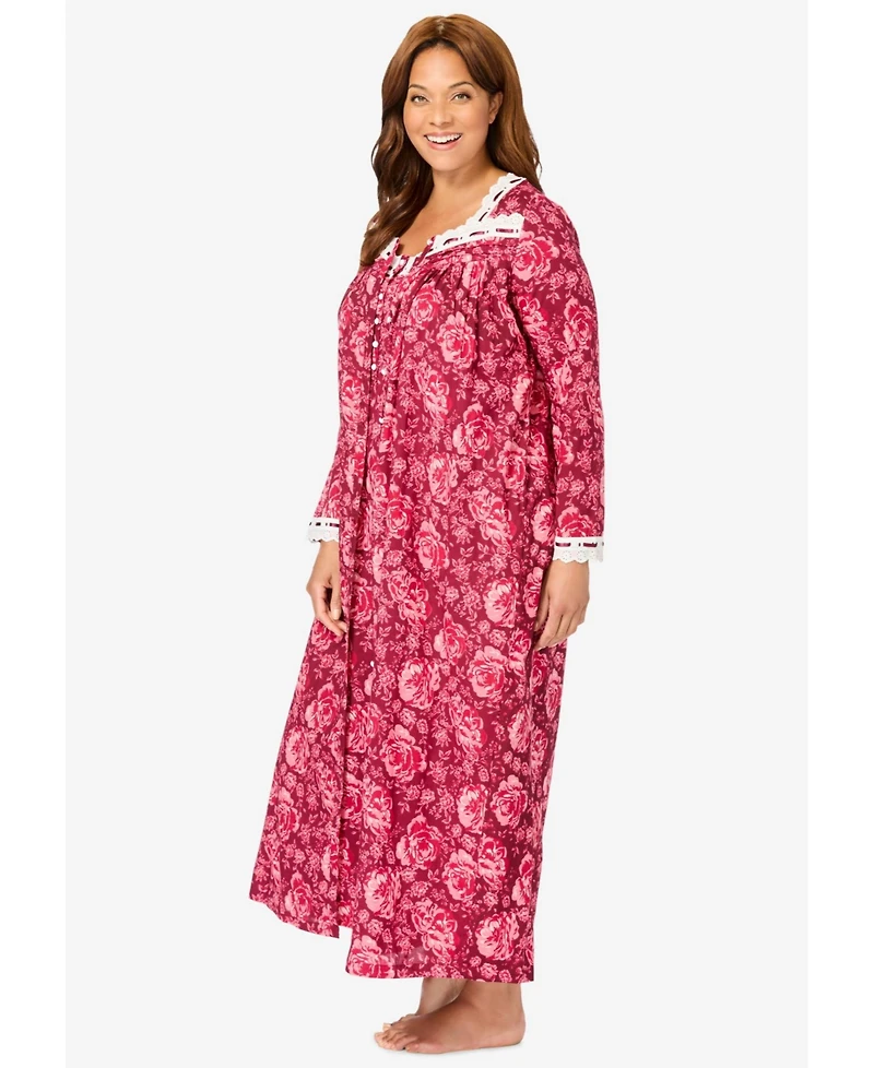 Only Necessities Plus Long 2-Piece Cabbage-Rose Peignoir Set