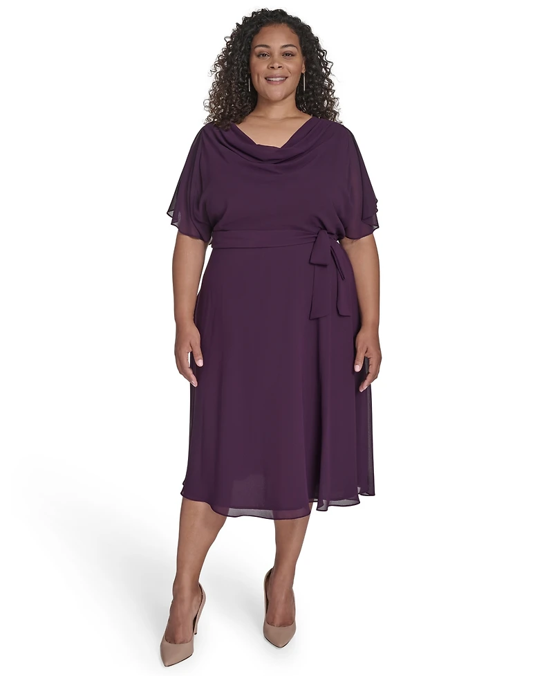 Jessica Howard Plus Cowl Neck Belted Midi Dress