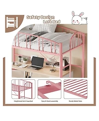 gaomon Loft Bed Twin Size, Heavy Duty Metal Loft Bed Frame with Arched Guardrail and Safety Ladder, Space-Saving, No Box Spring Needed, Pink