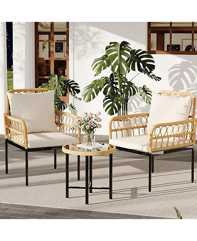 gaomon 3 Pieces Wicker Patio Bistro Sets Outdoor Conversation Sets with Glass Top Side Table and 2 Modern Rattan Chairs, Patio Furniture Set for Apart