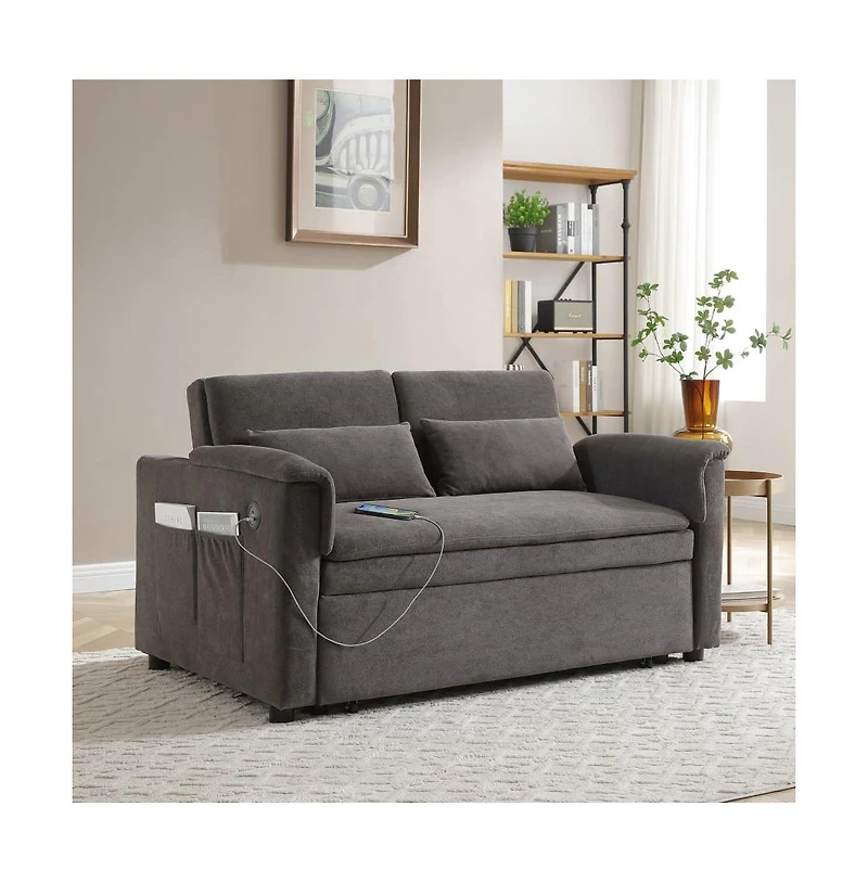 Maison Boucle 55" Velvet Loveseat Sofa Bed with Usb Ports, Adjustable Backrest & Pull-Out Sleeper Storage Pockets Pillows-Maison