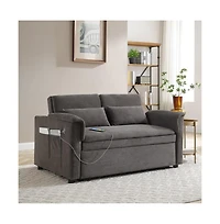 Maison Boucle 55" Velvet Loveseat Sofa Bed with Usb Ports, Adjustable Backrest & Pull-Out Sleeper Storage Pockets Pillows-Maison