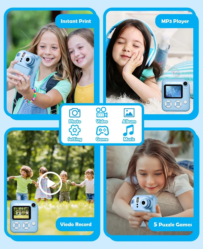 2-in-1 Instant and Digital Kids Camera with Hd Video, 16X Zoom, Printing, Games, and Accessories