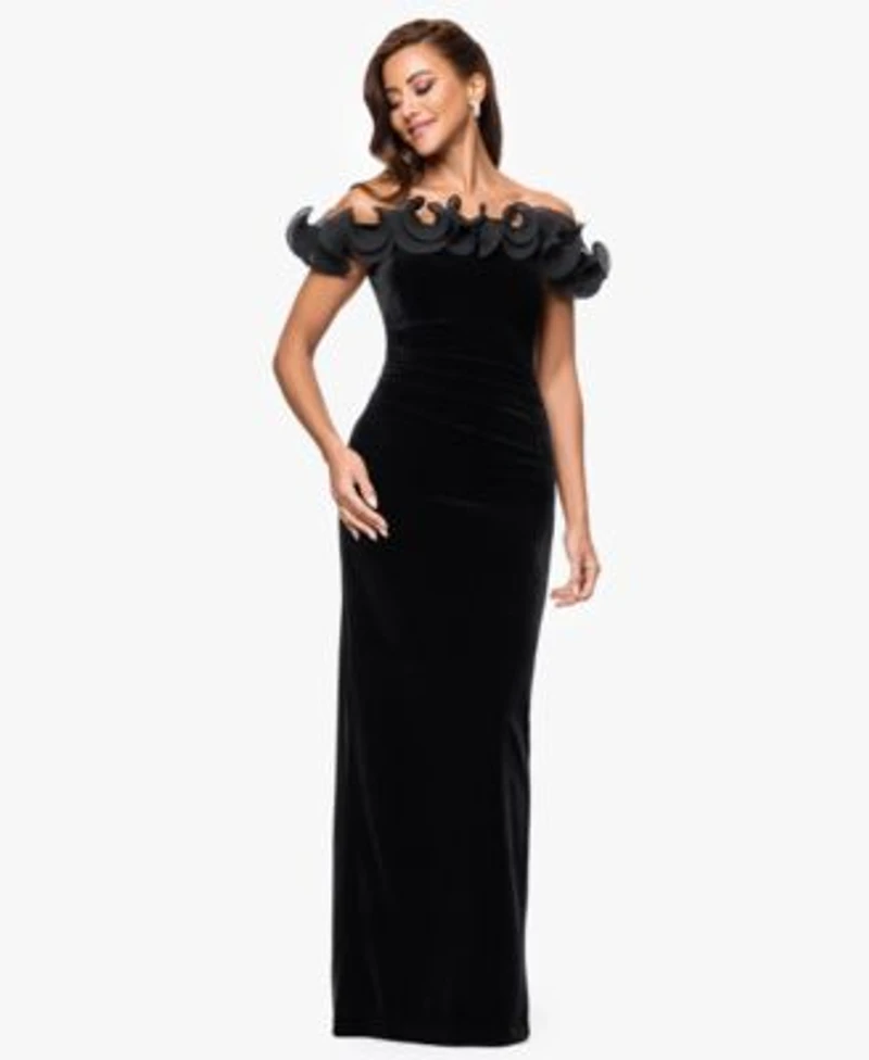 Xscape Womens Velvet Off The Shoulder Ruffle Dress 4p 16