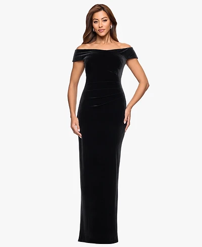Xscape Women's Off The Shoulder Ruched Waist Long Dress