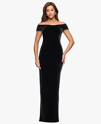 Xscape Womens Velvet Off The Shoulder Ruched Waist Long Dress 2p 16