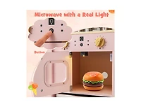 Wooden Kids Kitchen Playset with Chalkboard, Ice Maker & Microwave – Pink