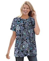 Woman Within Plus Perfect Printed Short-Sleeve Crewneck Tee