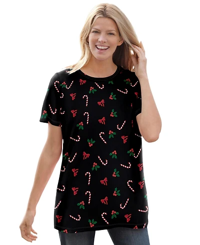 Woman Within Plus Perfect Printed Short-Sleeve Crewneck Tee
