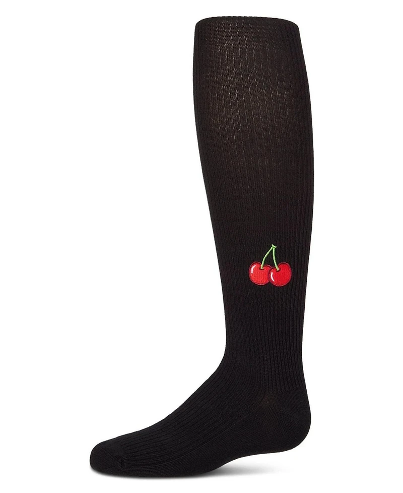 Memoi Little Girls Ribbed Cotton Rich Embroidered Cherry Sweater Tights