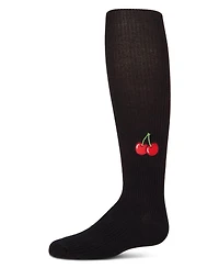 Memoi Little Girls Ribbed Cotton Rich Embroidered Cherry Sweater Tights