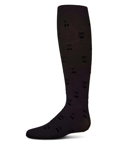 Memoi Girls Opaque Cherry-Pattern Flocked Tights