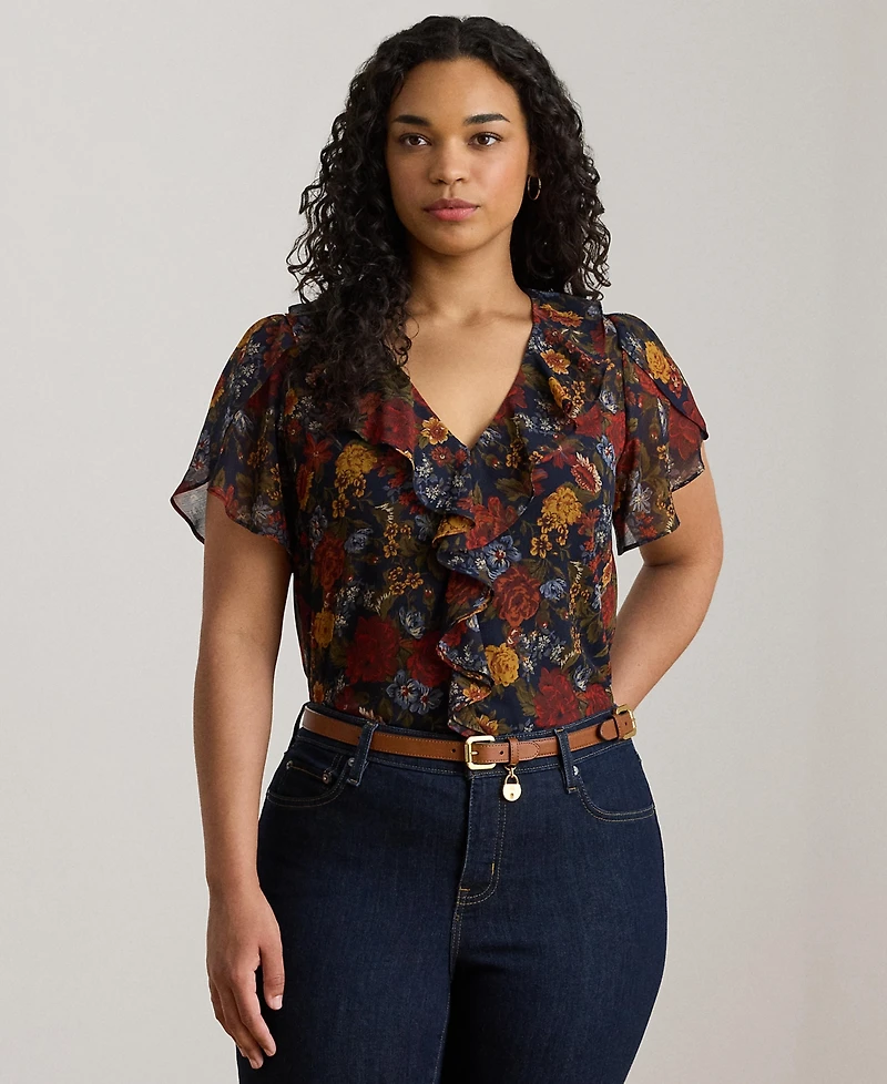 Lauren Ralph Plus Floral Ruffle-Trim Short Sleeve Top