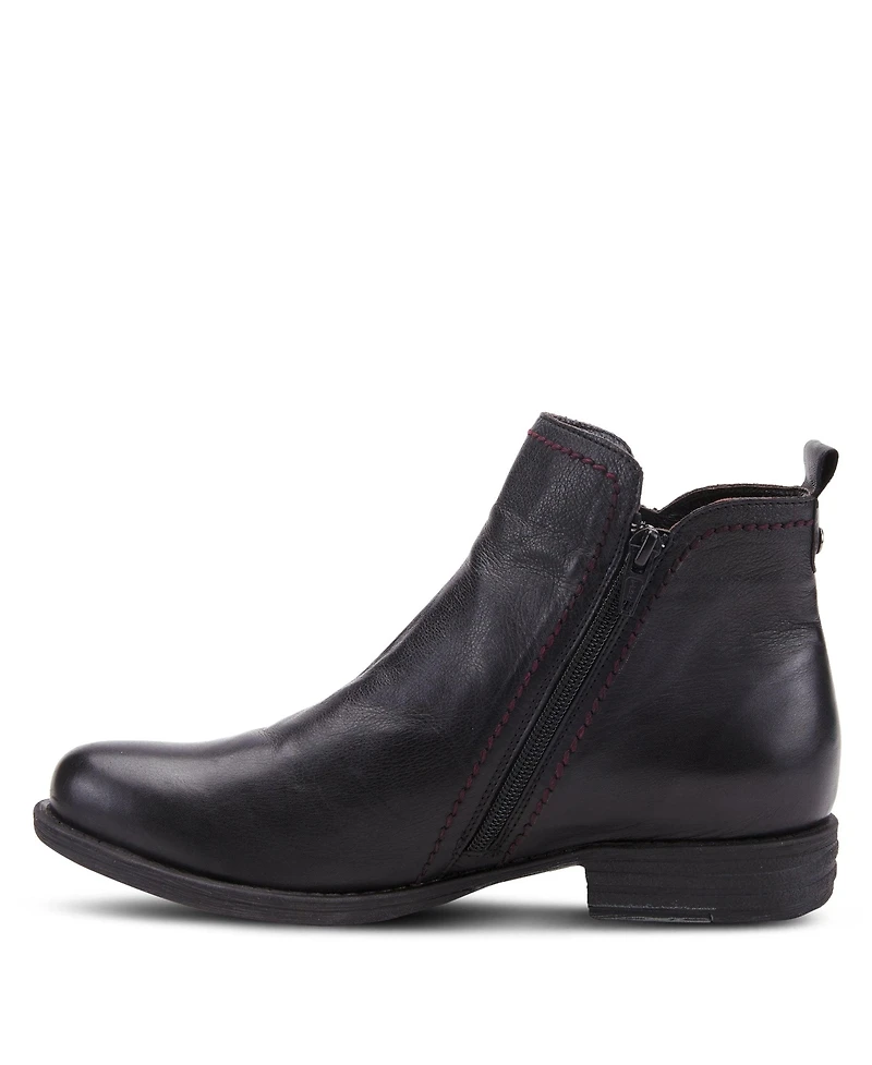 Spring Step Oziel Leather Bootie with Decorative Zipper and Chunky Sculpted Heel