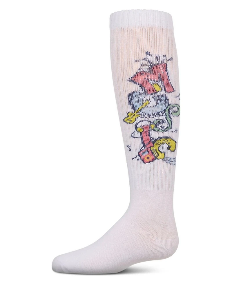 Memoi Big Girls Ribbed Cotton Blend "Graffiti Music" Knee Sock