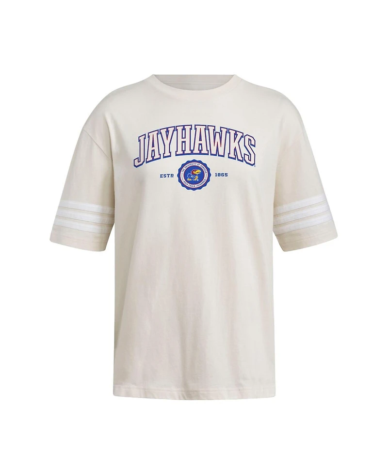 Adidas Women's Cream Kansas Jayhawks Fashion Three-Stripes Oversized T-Shirt