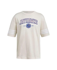 Adidas Women's Cream Kansas Jayhawks Fashion Three-Stripes Oversized T-Shirt