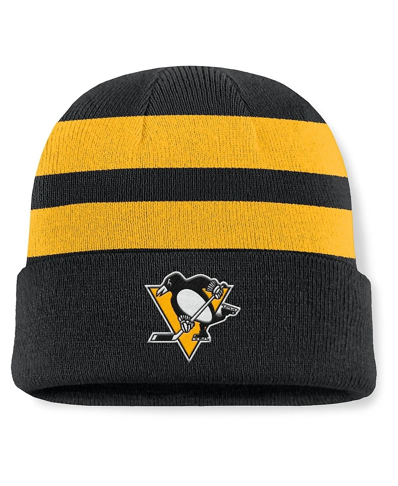 Fanatics Men's Black/Gold Pittsburgh Penguins Fundamental Swipe Stripe Cuffed Knit Hat