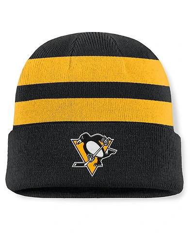 Fanatics Men's Black/Gold Pittsburgh Penguins Fundamental Swipe Stripe Cuffed Knit Hat