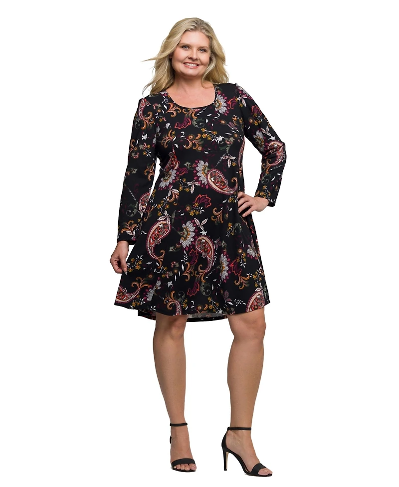 24seven Comfort Apparel Plus Black Paisley Print Long Sleeve Fit and Flare Dress