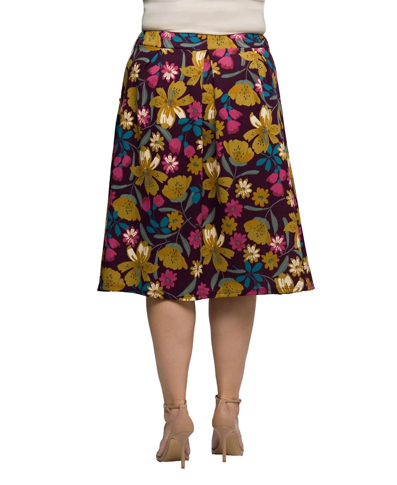 24seven Comfort Apparel Plus Purple Floral Elastic Waist Pocket Midi Skirt
