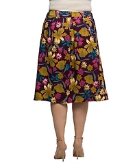 24seven Comfort Apparel Plus Purple Floral Elastic Waist Pocket Midi Skirt