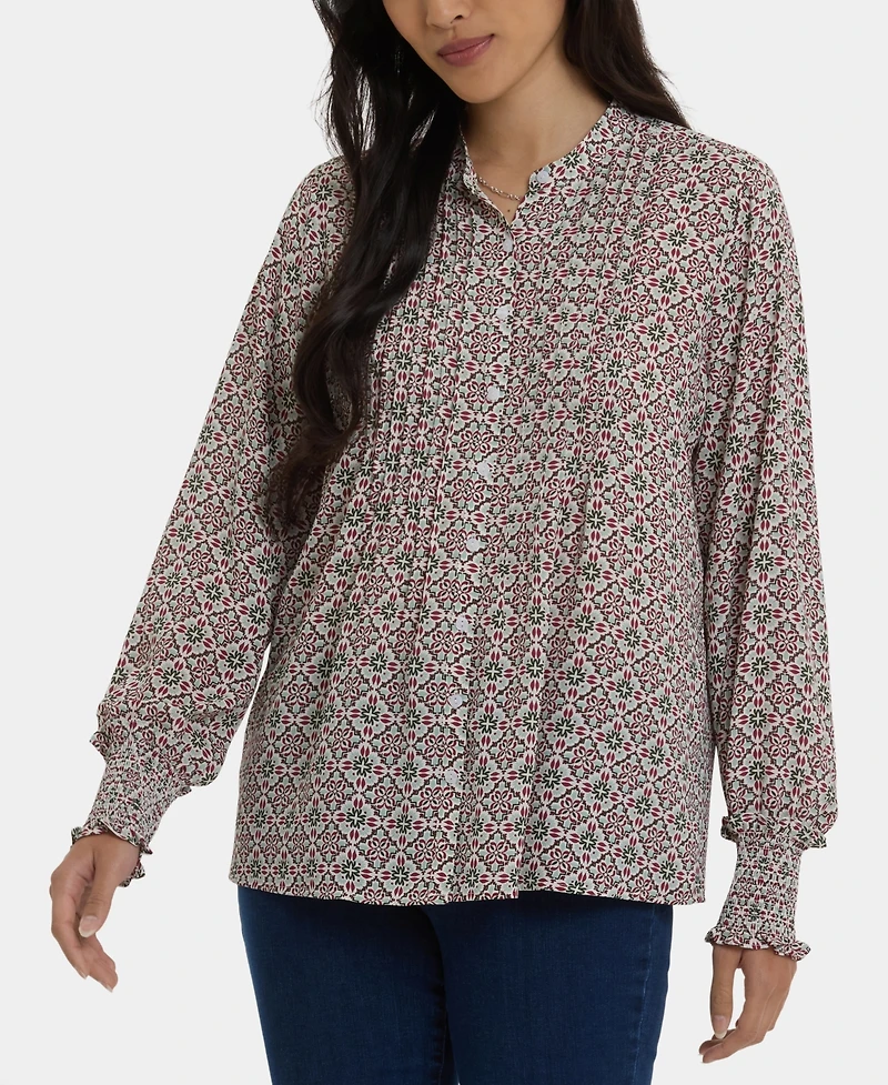 Nydj Women's Pleated Peasant Blouse Long Sleeve Top