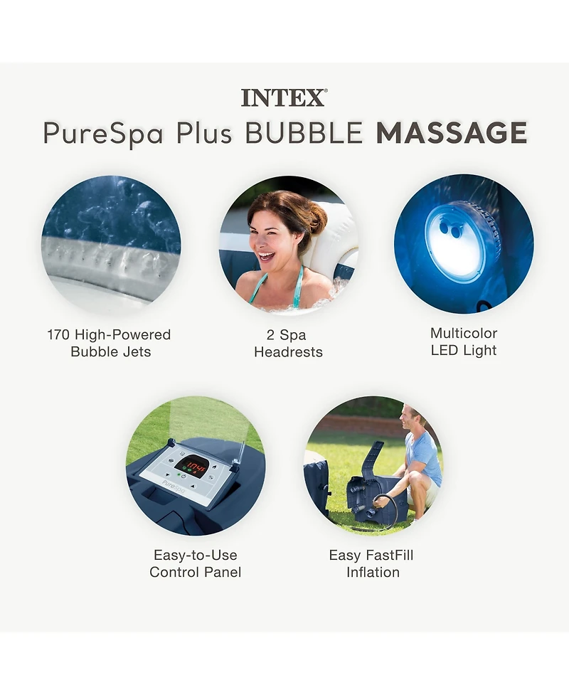 Intex PureSpa Plus 6 Person Inflatable Round Hot Tub Set with 170 AirJets, Blue