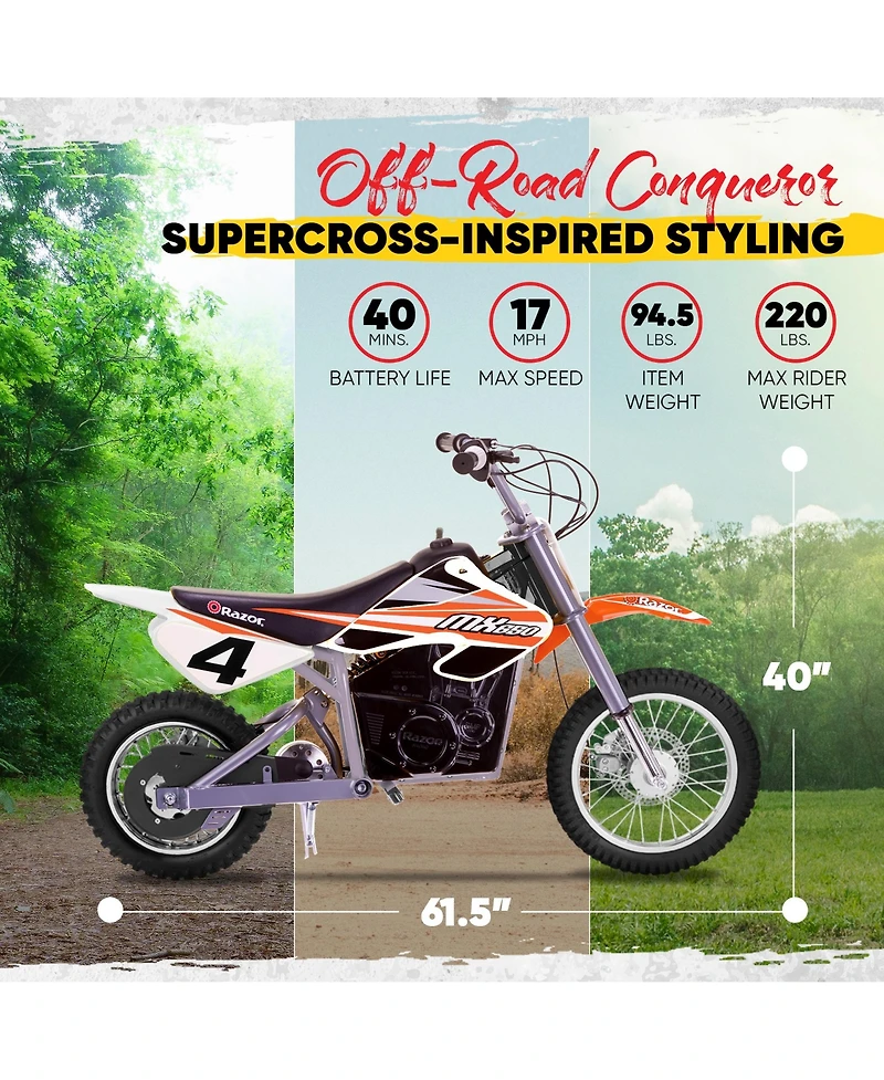 Razor MX650 Dirt Rocket High-Torque Electric Motocross Dirt Bike, 17 Mph, Orange