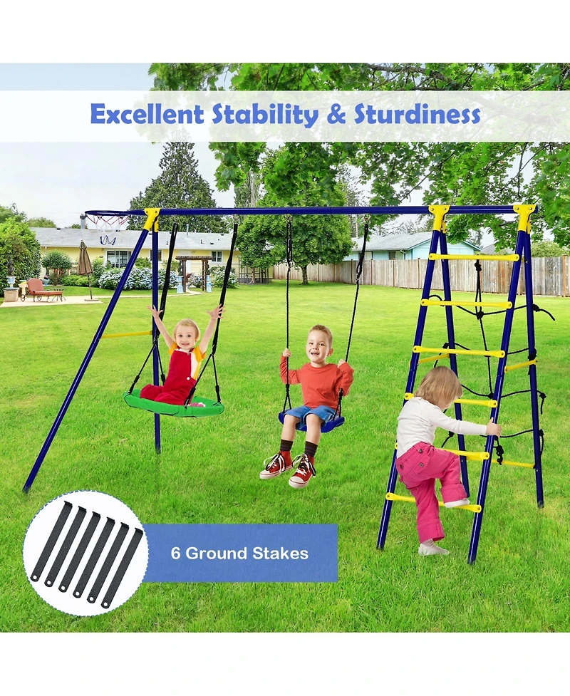5-in-1 Outdoor Kids Swing Set with Metal Frame & Ground Stake
