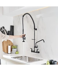 Greenspring Commercial Restaurant Pull Down 2-Handle Wall Mount Pre-Rinse Spray Utility Kitchen Faucet Matte Black