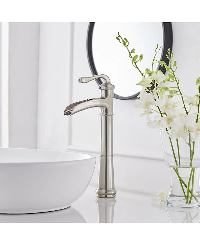 Waterfall Single Hole Single-Handle Vessel Bathroom Faucet With Pop-up Drain Assembly in Brushed Nickel
