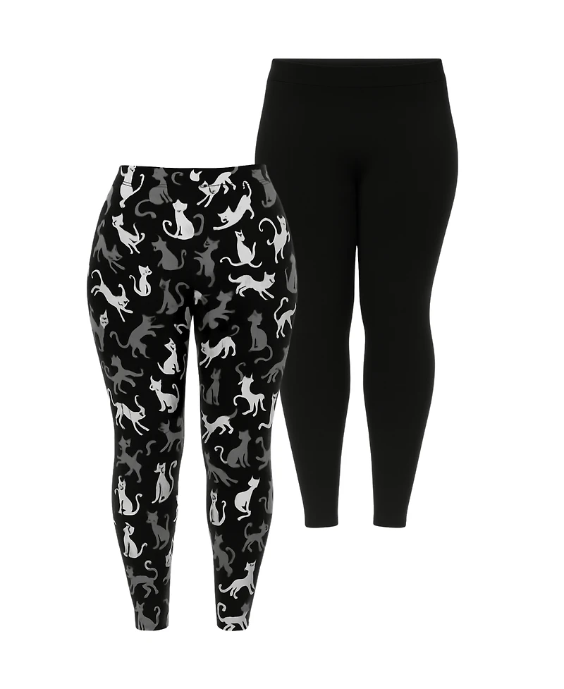 White Mark Plus Cat Print Legging Pants, 2-Pack