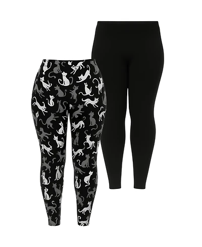 White Mark Plus Cat Print Legging Pants, 2-Pack