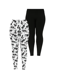White Mark Plus Cat Print Legging Pants, 2-Pack