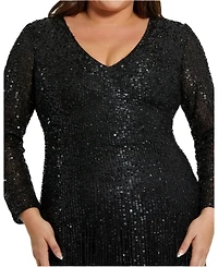 Mac Duggal Women's Long Sleeve V Neck Beaded Fringe Gown