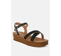 Sephone Woven Square Toe Wedges Sandals Women