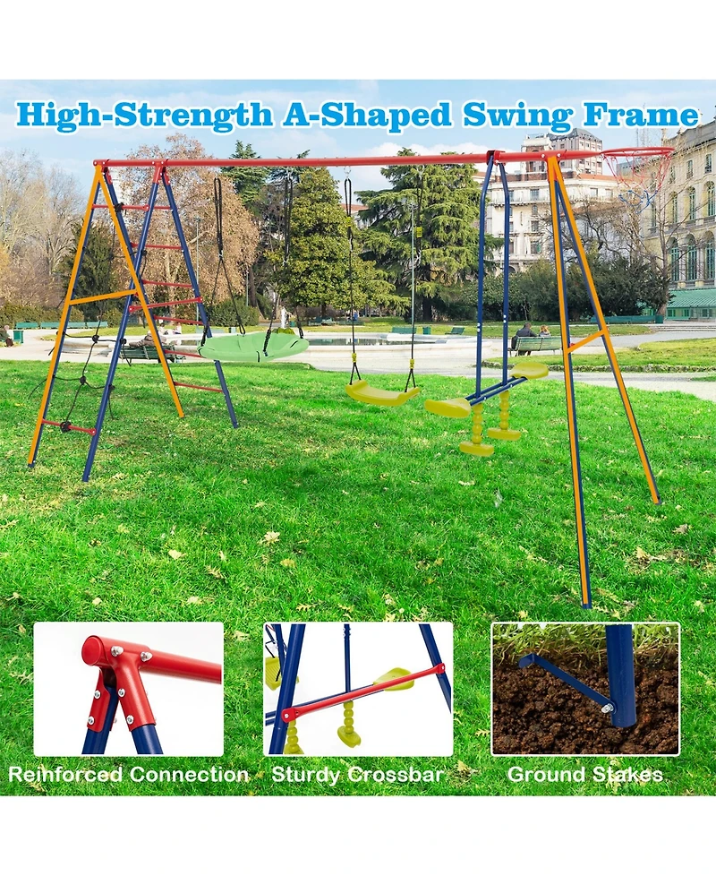 550 Lbs 6-in-1 Patio Kids Swing Set with Climbing Net and Ladder