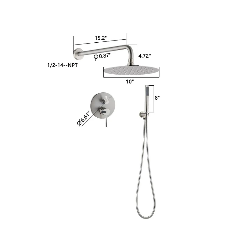 Rainsken 10" Brushed Nickle Roud Rain Shower head and Handheld Shower Head Set, Silver