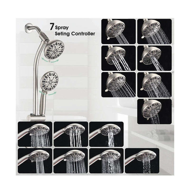 Rainsken Drill-Free Stainless Steel Slide Bar Combo Rain Showerhead 7-Setting Hand, Dual Shower Head Spa System (Rough-in Valve Included)