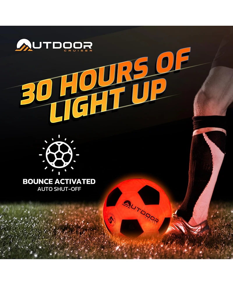 Lifemaster Enjoy glowing soccer fun with the Outdoor Cruiser Light Up Soccer Ball! Waterproof, tap-activated, and glows for up to 30 hours. Includes p