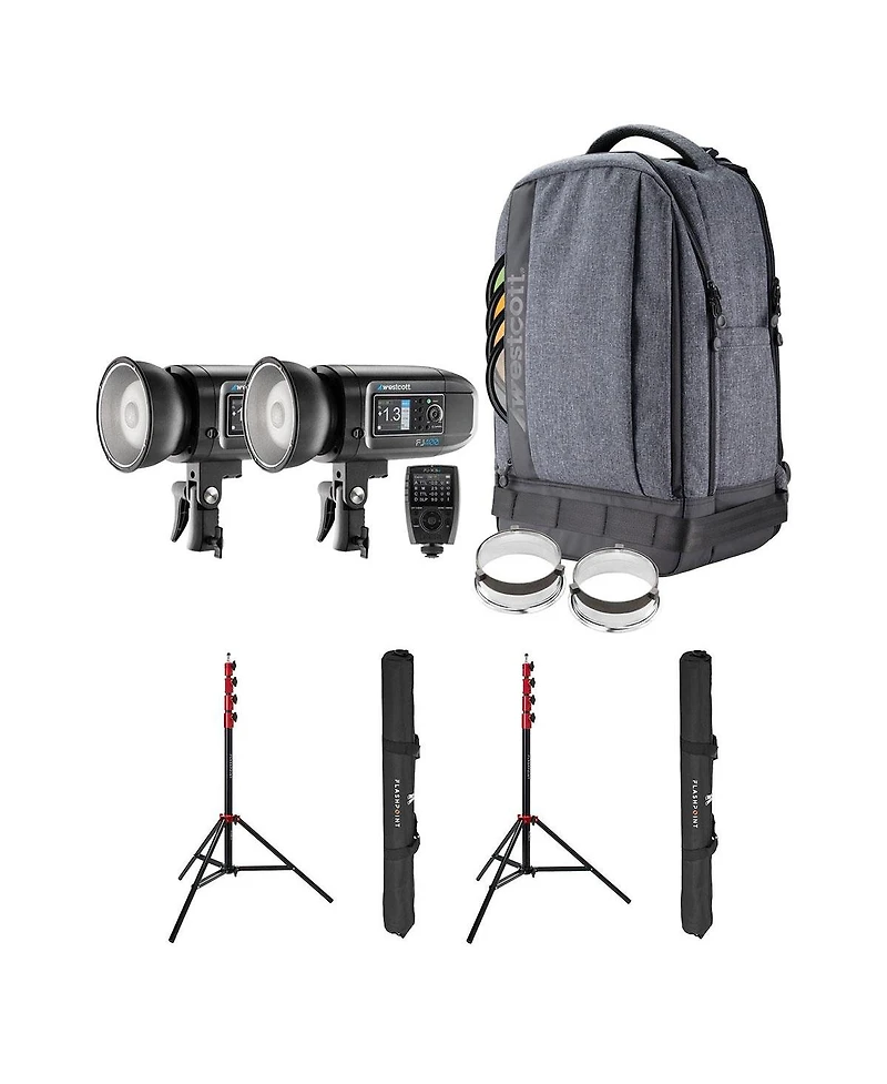 Westcott FJ400 Strobe 2-Light Backpack Kit with Fj-X3m Universal Wireless Trigger, Bundle with Flashpoint Pro Air-Cushioned Heavy-Duty Light Stands, R