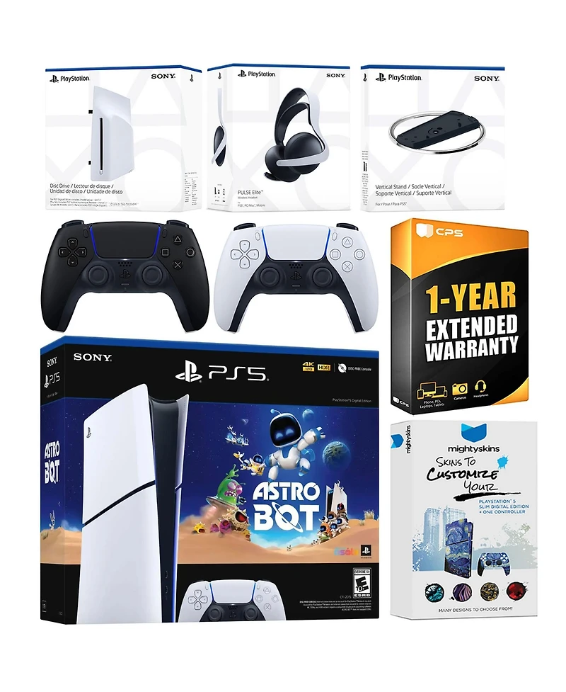 Sony PlayStation 5 Astro Bot Slim Digital Bundle with Disc Drive, Pulse Elite Headset, Extra Controller, Vertical Stand, MightySkins Voucher and 1 Yea