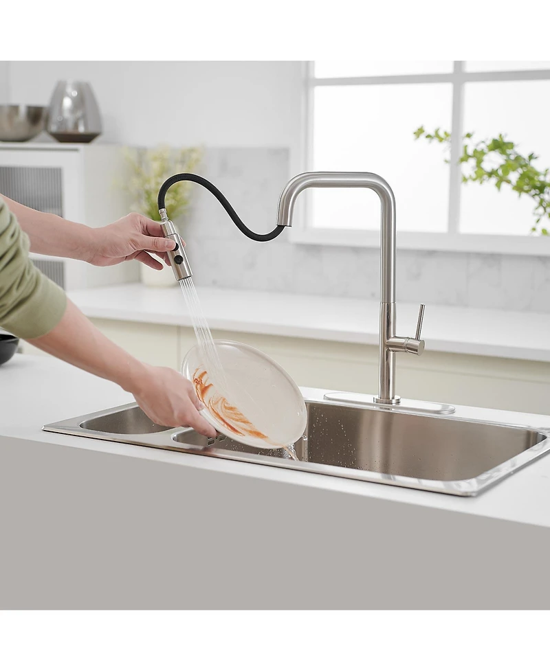 Greenspring Single Handle Pull-Down Sprayer 1 Spray High Arc Kitchen Faucet With Deck Plate in Brushed Nickel
