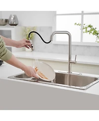 Greenspring Single Handle Pull-Down Sprayer 1 Spray High Arc Kitchen Faucet With Deck Plate in Brushed Nickel