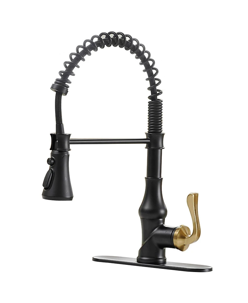 Greenspring Single-Handle Pull-Down Sprayer 3 Spray High Arc Kitchen Faucet With Deck Plate in Matte Black & Gold
